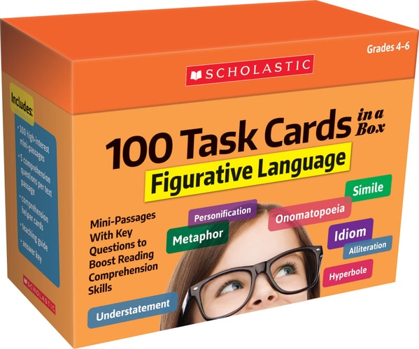 100 TASK CARDS IN A BOX - FIGURATIVE LANGUAGE Mini-passages with Key Questions to Boost... Reading Comprehension Skills book cover